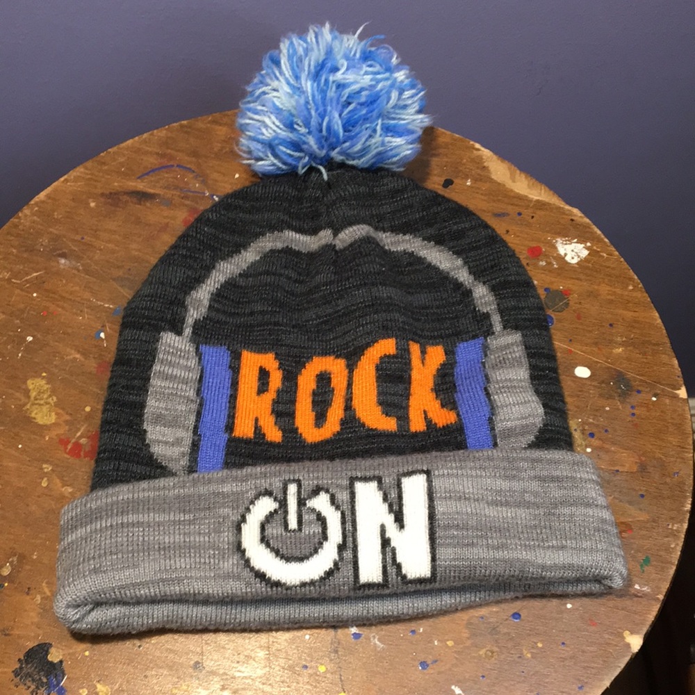 Rock ON beanie toboggan Pom Pom winter cap kids themed hat